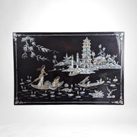 Vintage Imperect Asian Black Lacquer Mother of Pearl Inlay Wall Art, Oriental Scene,  Wall Decor,  Asian Art