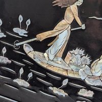 Vintage Imperect Asian Black Lacquer Mother of Pearl Inlay Wall Art, Oriental Scene,  Wall Decor,  Asian Art