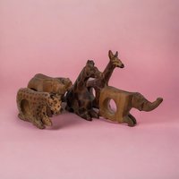 Vintage Set of 5 Hand Carved Wood Animal Napkin Rings, African Safari Theme, Rustic Decor, Tabletop Accents, Imperfect