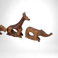 Vintage Set of 5 Hand Carved Wood Animal Napkin Rings, African Safari Theme, Rustic Decor, Tabletop Accents, Imperfect