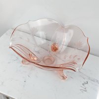 Vintage Pink Depression Glass 3-Toed Bowl, Lancaster Glass Co., Floral Design, Collectible