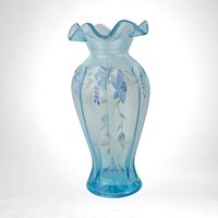 Vintage Fenton Aqua Blue Ruffled Vase, Hand Painted Floral, Victorian Style,  Art Glass, Home Decor, Wedding Gift,  9" Tall