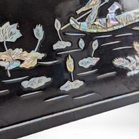 Vintage Imperect Asian Black Lacquer Mother of Pearl Inlay Wall Art, Oriental Scene,  Wall Decor,  Asian Art
