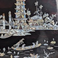 Vintage Imperect Asian Black Lacquer Mother of Pearl Inlay Wall Art, Oriental Scene,  Wall Decor,  Asian Art