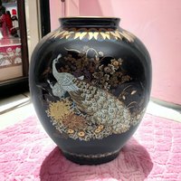 Vintage Japanese Black Porcelain Vase with Peacock | Gold Accents | Floral Design | 7.25 Inches