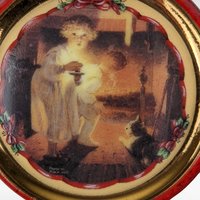 Pair Vintage 1999 Bradford Exchange Norman Rockwell Porcelain Christmas Ornaments, "Is He Coming Yet?" & Santa's Workshop, 4 1/4 Inches