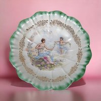 Vintage Dresden (Laurel Leaf Mark) Porcelain Bowl, Woman with Angel Motif, Green & Gold Trim, 9.25 Inches
