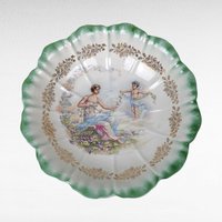 Vintage Dresden (Laurel Leaf Mark) Porcelain Bowl, Woman with Angel Motif, Green & Gold Trim, 9.25 Inches