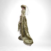 Vintage Porcelain Victorian Tassel Doll with Olive Green Dress and Umbrella - Collectible Figurine for Home Decor, Dresser Decor