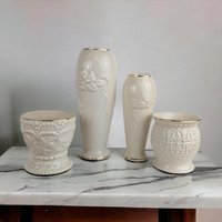 Vintage Lenox Vase Set | Rosebud Collection Cream Vases with Gold Trim | Mismatched Beaded Votive Candle Holders | 4 Piece Lot