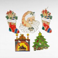 Vintage Christmas Decorations | Plastic Stained Glass Ornaments, Thomas Nast Santa Fabric Print | Wall Hanging Decor Lot