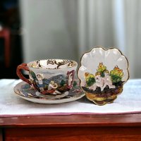 Vintage Italian Capodimonte Cup and Saucer Set with Embossed Trinket Dish | Hand-Painted Porcelain | Collectible Italian Ceramics