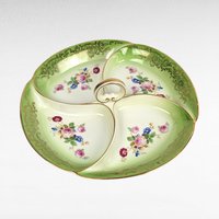 Vintage Tirschenreuth Bavaria Serving Tray | 4-Part Divided Dish | Green with Gold and Floral Décor | 10 3/4 Inch