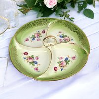 Vintage Tirschenreuth Bavaria Serving Tray | 4-Part Divided Dish | Green with Gold and Floral Décor | 10 3/4 Inch