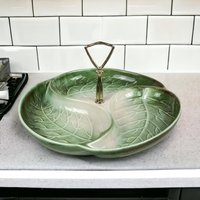 Vintage Royal Haeger Leaf Serving Tray | 3-Section Divided Dish | Green Ceramic with Gold Handle | Mid-Century Modern | 12.25 Inches