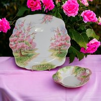 Vintage Royal Albert Blossom Time Square Cake Plate & Sweet Meat Dish | Bone China Serving Set | English Countryside Decor