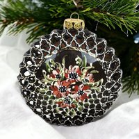 Vintage Handpainted Clay Ornament, 4-Inch Round, Dark Brown/Black with Red Flowers, Christmas Ornament, Holiday Decor, Gift for Collector
