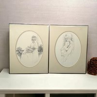 1975 Sharon Johnson Mother and Child Prints, Set of 2, 14x11 Inch, Vintage Pencil Drawings, Wall Decor, Nursery Art, Gift for Mom