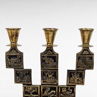 Vintage Goldtone & Black Enamel Astrological Candelabra, 3 Arm Candlestick Holder, Zodiac Candle Holder, Celestial Decor