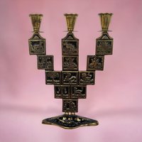 Vintage Goldtone & Black Enamel Astrological Candelabra, 3 Arm Candlestick Holder, Zodiac Candle Holder, Celestial Decor