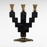 Vintage Goldtone & Black Enamel Astrological Candelabra, 3 Arm Candlestick Holder, Zodiac Candle Holder, Celestial Decor