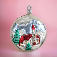 Vintage Blown Glass Ornament with Church Scene