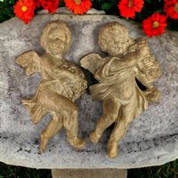 Vintage Ceramic Cherub Wall Hangings - Painted Gold - Angelic Decor - 8 1/2 Inches Tall