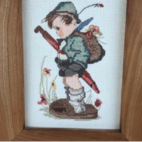 Vintage MJ Hummel "It Looks Like Rain" Cross Stitch - Framed Hummel Embroidery - Handmade Wall Decor