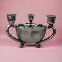 Pair of Vintage Italian Silver Tone Flower Bowl Candle Holder Centerpiece with Flower Frog
