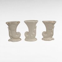 Vintage Cornucopia Bud Vases - Cream Ceramic with Pink Roses & Gold - Set of 3