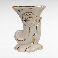 Vintage Cornucopia Bud Vases - Cream Ceramic with Pink Roses & Gold - Set of 3