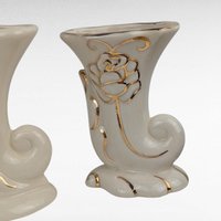 Vintage Cornucopia Bud Vases - Cream Ceramic with Pink Roses & Gold - Set of 3