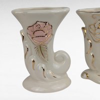 Vintage Cornucopia Bud Vases - Cream Ceramic with Pink Roses & Gold - Set of 3