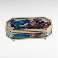 Vintage Joan Baker Designs Jewelry Box, Hand Painted Glass Trinket Box, Bluebird and Flowers, Collectible Box, Gift for Her