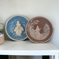 Vintage Incolay Stone Wall Plaques | Daddy & I | I Stood Tiptoe | 10 Inch Plates | Set of 2