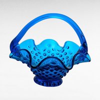 Fenton Blue Hobnail Glass Basket | Vintage Candy Dish | Ruffled Edge | Collectible Glassware