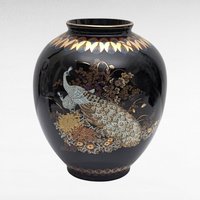 Vintage Japanese Black Porcelain Vase with Peacock | Gold Accents | Floral Design | 7.25 Inches