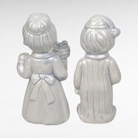 Pair of Vintage Ceramic Christmas Figurines, Man and Woman in Pajamas, Hand-Painted, Blue Tint, 7 Inches