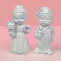 Pair of Vintage Ceramic Christmas Figurines, Man and Woman in Pajamas, Hand-Painted, Blue Tint, 7 Inches