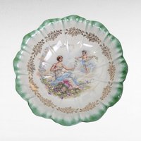 Vintage Dresden (Laurel Leaf Mark) Porcelain Bowl, Woman with Angel Motif, Green & Gold Trim, 9.25 Inches