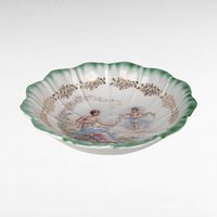 Vintage Dresden (Laurel Leaf Mark) Porcelain Bowl, Woman with Angel Motif, Green & Gold Trim, 9.25 Inches
