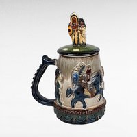 Vintage Stoneware Lidded Stein, Native American Horse Riders, Figural Lid, 9 Inches