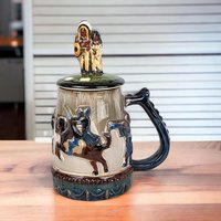 Vintage Stoneware Lidded Stein, Native American Horse Riders, Figural Lid, 9 Inches
