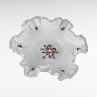 Vintage Fenton Violets in the Snow Milk Glass Dish | Ruffled Candy Dish | Trinket Dish | Collectible Glassware