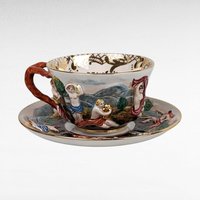 Vintage Italian Capodimonte Cup and Saucer Set with Embossed Trinket Dish | Hand-Painted Porcelain | Collectible Italian Ceramics