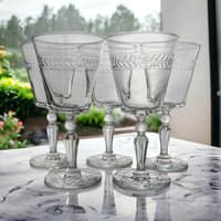 Vintage Rock Sharpe Jefferson Water Glasses, Set of 5, 7" Tall, Clear Etched Glassware, Mid-Century Modern Barware, Retro Drinking Glasses