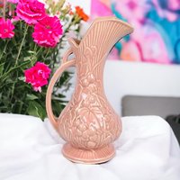 Vintage McCoy Pink Pitcher, Grape Design, 9 Inches Tall, Ceramic Vase, Mid-Century Modern, Retro Home Decor