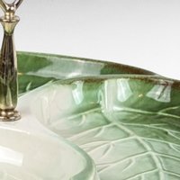 Vintage Royal Haeger Leaf Serving Tray | 3-Section Divided Dish | Green Ceramic with Gold Handle | Mid-Century Modern | 12.25 Inches