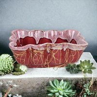 Vintage Maroon & Gold Planter, USA Pottery, Rectangular Flower Pot, Art Deco Style, Succulent Planter, Unique Home Decor