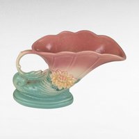 Vintage Hull Pottery Cornucopia Vase, Waterlily Design, Pink and Turquoise Vase, Art Deco Vase, Mid-Century Modern, 1940s, 6.5 Inches